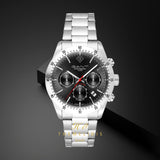 Ρολόι Gant Greenfield G202002 χρονογράφος με ημερομηνία, ασημί ατσάλινο μπρασελέ και μαύρο καντράν διαμέτρου 41mm, σε μαύρο φόντο.