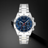 Ρολόι Gant Greenfield G202003 χρονογράφος με ημερομηνία, ασημί ατσάλινο μπρασελέ και μπλε καντράν διαμέτρου 41mm, σε μαυρο φόντο.