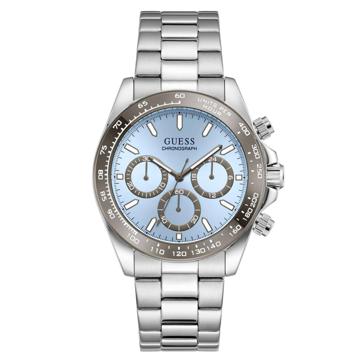 Ανδρικό ρολόι GUESS Arthur GW1058G1 χρονογράφος με ασημί μπρασελέ από ανοξείδωτο ατσάλι, γαλάζιο καντράν διαμέτρου 42mm και ασημί λεπτομέρειες.