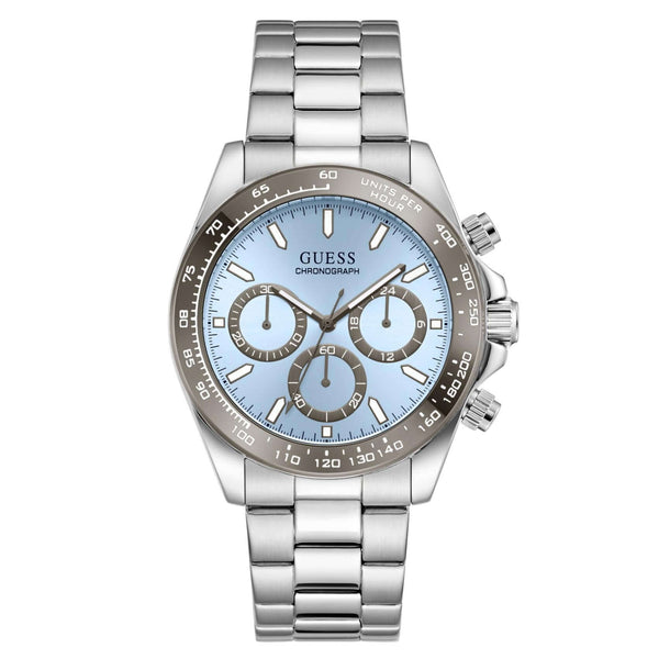 Ανδρικό ρολόι GUESS Arthur GW1058G1 χρονογράφος με ασημί μπρασελέ από ανοξείδωτο ατσάλι, γαλάζιο καντράν διαμέτρου 42mm και ασημί λεπτομέρειες.