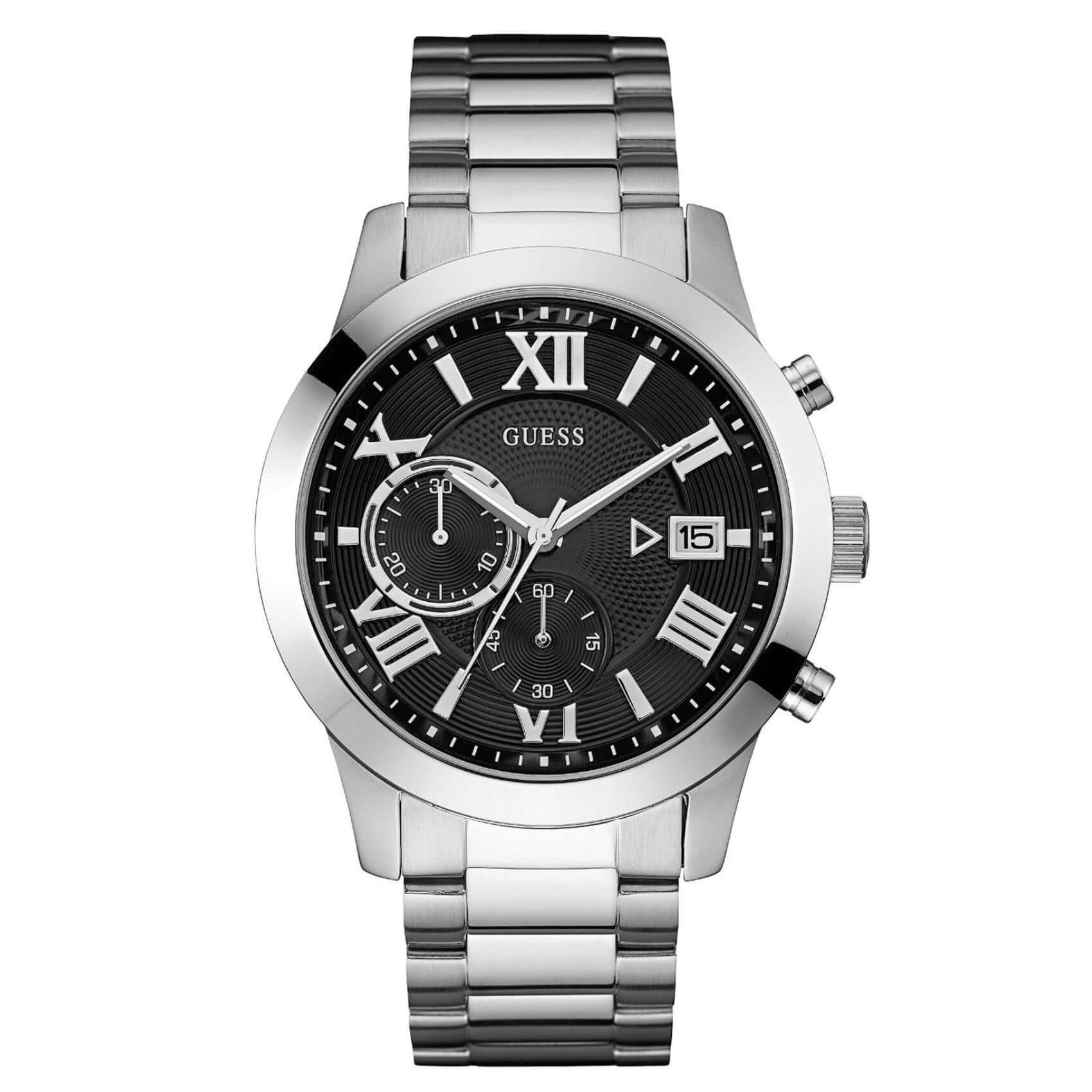 Ανδρικό ρολόι Guess Atlas W0668G3 χρονογράφος με ασημί μπρασελέ ανοξείδωτο ατσάλι, μαύρο καντράν διαμέτρου 45mm και ασημί λεπτομέρειες.