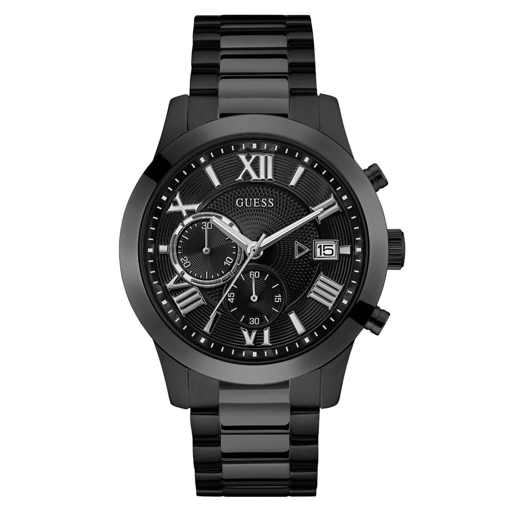Ανδρικό ρολόι Guess Atlas W0668G5 χρονογράφος με μαύρο μπρασελέ από ανοξείδωτο ατσάλι, μαύρο καντράν διαμέτρου 45mm και ασημί λεπτομέρειες.