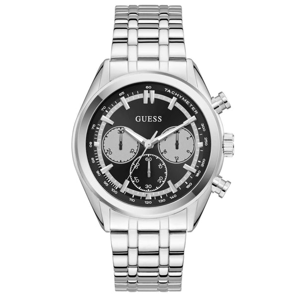 Ανδρικό ρολόι Guess Dawson GW0971G1 χρονογράφος με ασημί μπρασελέ από ανοξείδωτο ατσάλι, μαύρο καντράν διαμέτρου 44mm και ασημί λεπτομέρειες.