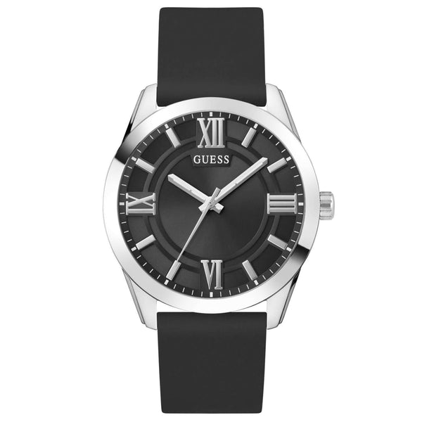 Ανδρικό ρολόι Guess Elliot GW0894G1 με μαύρο λουράκι από καουτσούκ, μαύρο καντράν διαμέτρου 44mm και ασημί λεπτομέρειες.