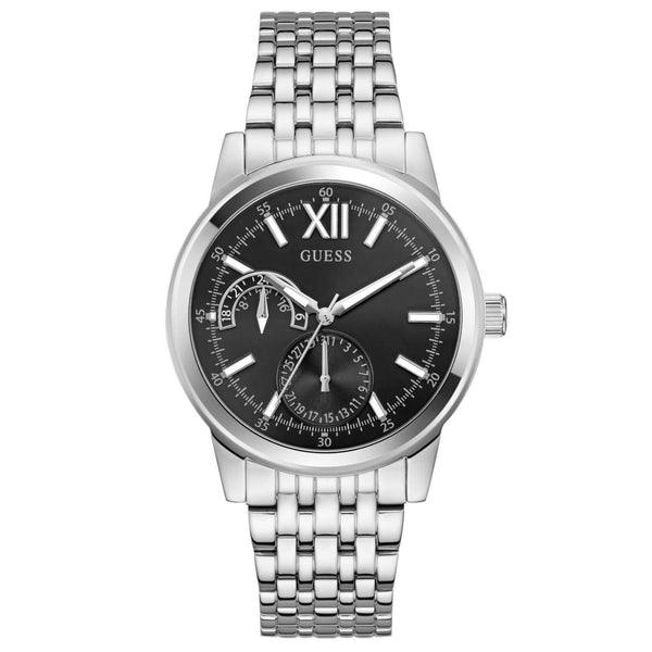 Ανδρικό ρολόι Guess Emerson GW0976G1 με ασημί μπρασελέ από ανοξείδωτο ατσάλι, μαύρο καντράν διαμέτρου 42mm και ασημί λεπτομέρειες