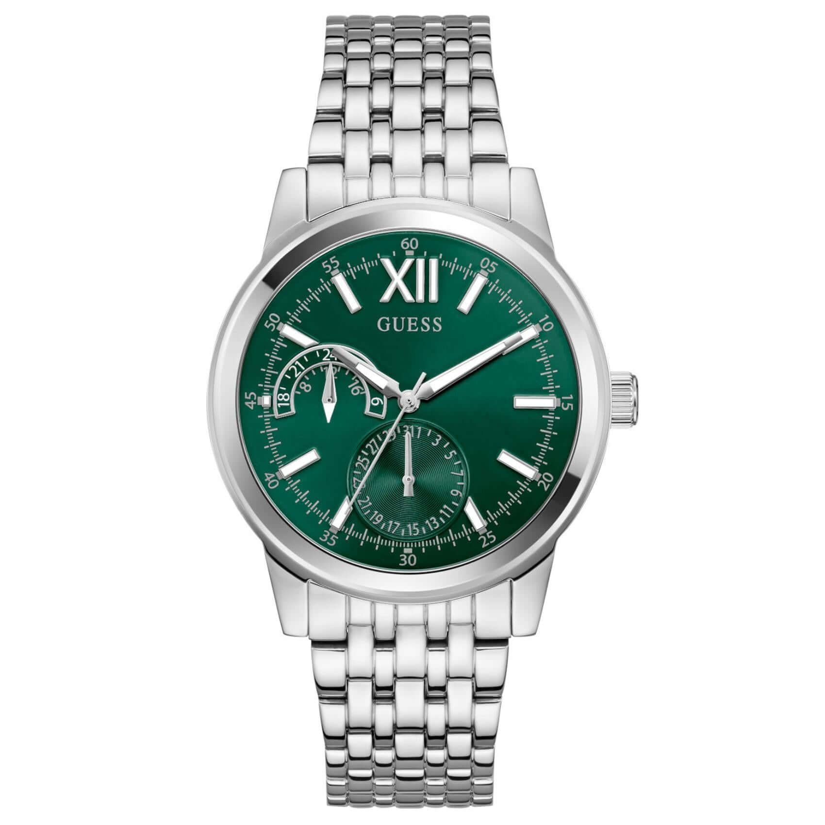 Ανδρικό ρολόι Guess Emerson GW0976G5 με ασημί μπρασελέ από ανοξείδωτο ατσάλι, πράσινο καντράν διαμέτρου 42mm και ασημί λεπτομέρειες.