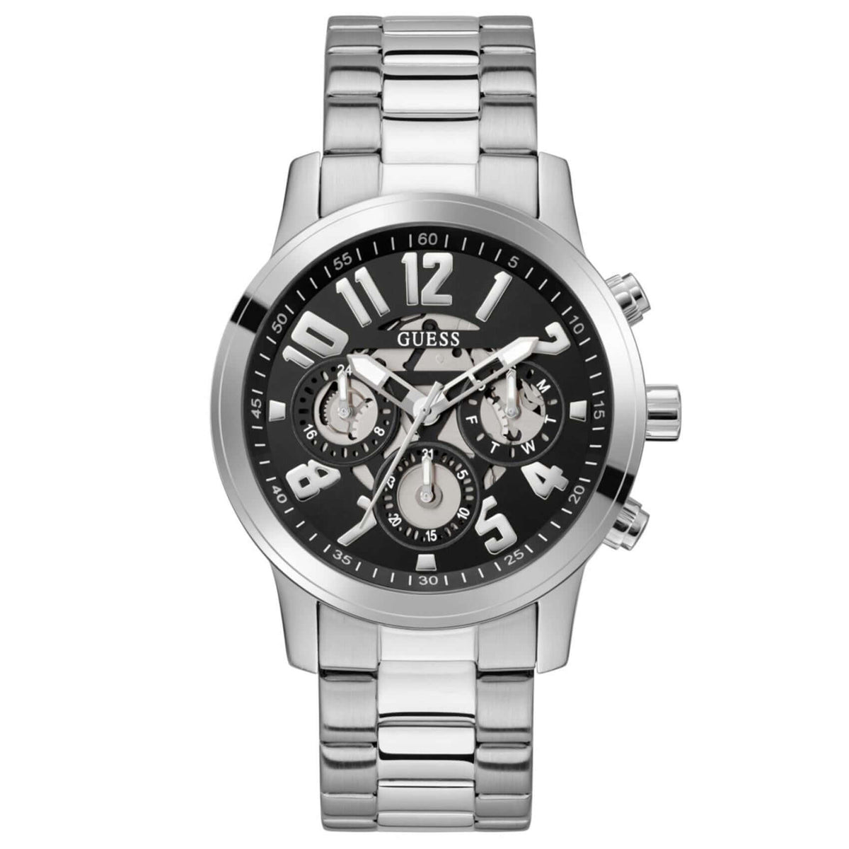 Ανδρικό ρολόι Guess Parker GW0627G1 με ασημί μπρασελέ από ανοξείδωτο ατσάλι, μαύρο skeleton καντράν διαμέτρου 44mm και ασημί λεπτομέρειες.