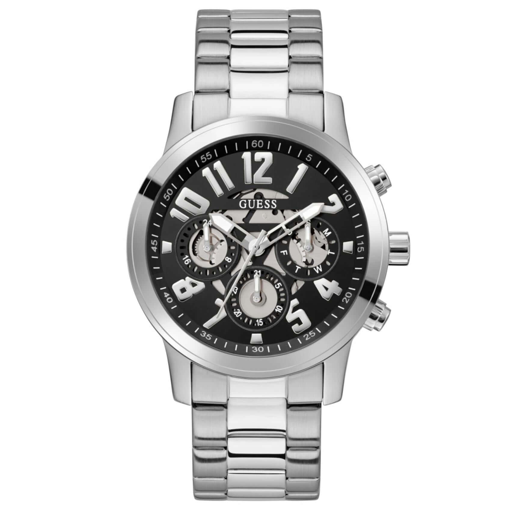 Ανδρικό ρολόι Guess Parker GW0627G1 με ασημί μπρασελέ από ανοξείδωτο ατσάλι, μαύρο skeleton καντράν διαμέτρου 44mm και ασημί λεπτομέρειες.