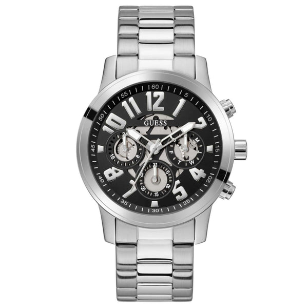 Ανδρικό ρολόι Guess Parker GW0627G1 με ασημί μπρασελέ από ανοξείδωτο ατσάλι, μαύρο skeleton καντράν διαμέτρου 44mm και ασημί λεπτομέρειες.