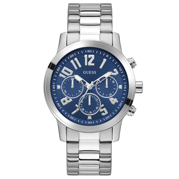 Ανδρικό ρολόι Guess Parker GW1006G1 με ασημί μπρασελέ από ανοξείδωτο ατσάλι, μπλε καντράν διαμέτρου 44mm και ασημί λεπτομέρειες.