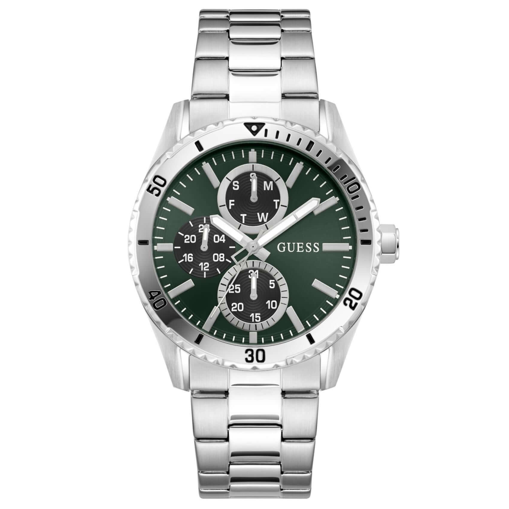 Ανδρικό ρολόι Guess Velocity GW1061G1 με ασημί μπρασελέ από ανοξείδωτο ατσάλι, πράσινο καντράν διαμέτρου 43mm και ασημί λεπτομέρειες.