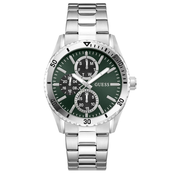 Ανδρικό ρολόι Guess Velocity GW1061G1 με ασημί μπρασελέ από ανοξείδωτο ατσάλι, πράσινο καντράν διαμέτρου 43mm και ασημί λεπτομέρειες.