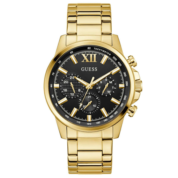 Ανδρικό ρολόι Guess Walker GW0900G3 με χρυσό μπρασελέ από ανοξείδωτο ατσάλι, μαύρο καντράν διαμέτρου 44mm και χρυσές λεπτομέρειες.