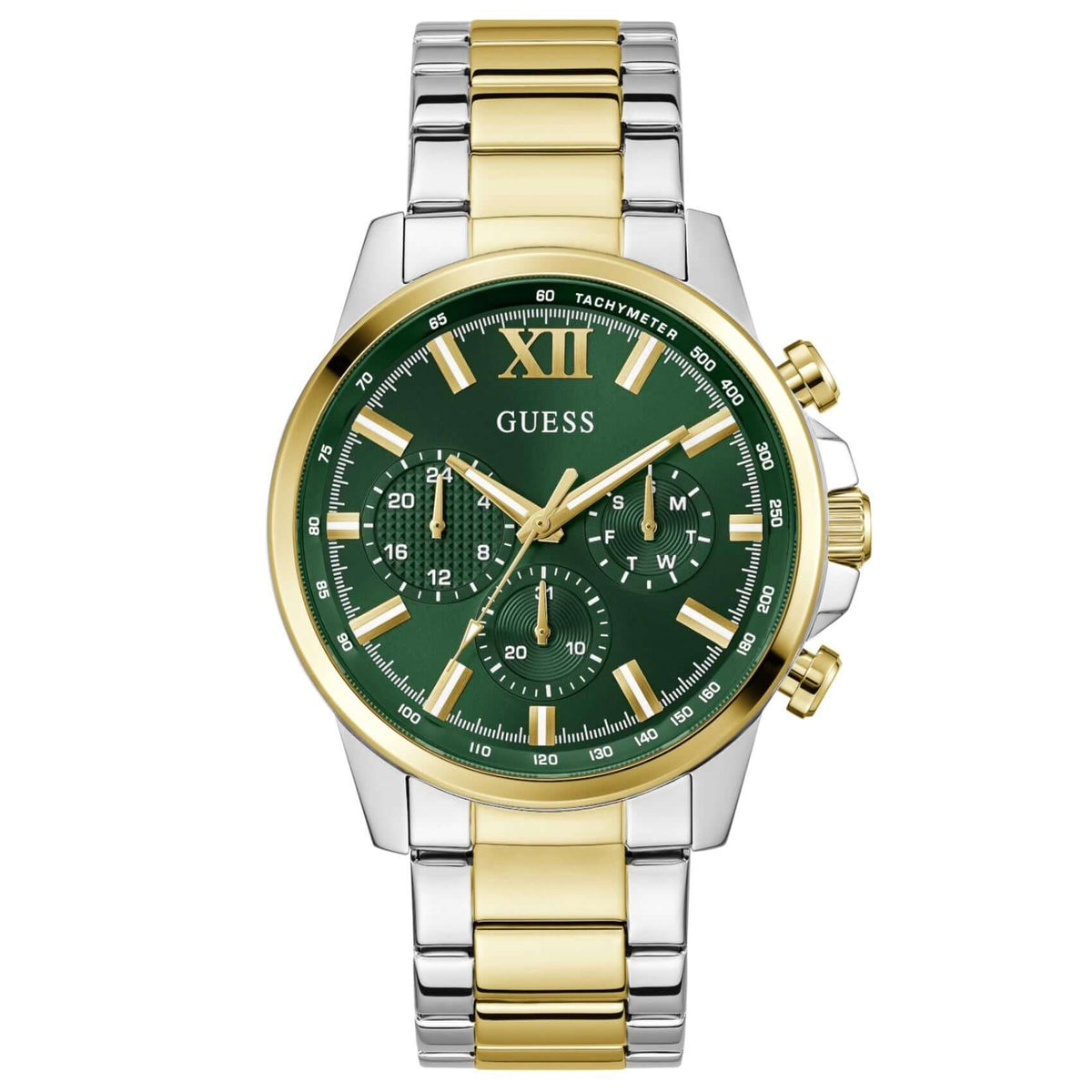 Ανδρικό ρολόι Guess Walker GW0900G5 με δίχρωμο μπρασελέ από ανακυκλωμένο ανοξείδωτο ατσάλι σε ασημί και χρυσό χρώμα, πράσινο καντράν διαμέτρου 44mm και χρυσές λεπτομέρειες.