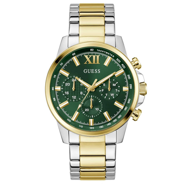 Ανδρικό ρολόι Guess Walker GW0900G5 με δίχρωμο μπρασελέ από ανακυκλωμένο ανοξείδωτο ατσάλι σε ασημί και χρυσό χρώμα, πράσινο καντράν διαμέτρου 44mm και χρυσές λεπτομέρειες.