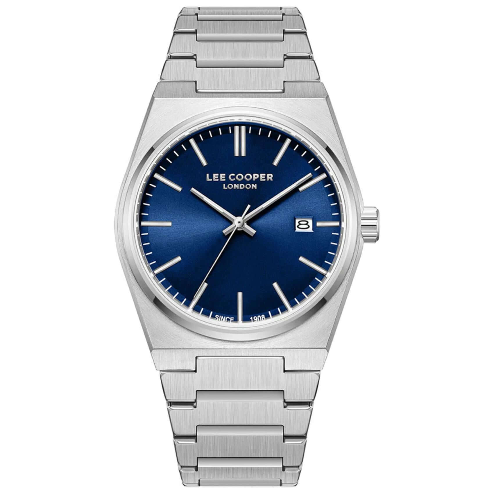 Ανδρικό ρολόι Lee Cooper Gents LC08196.390 με ασημί μπρασελέ και μπλε καντράν 40mm με ένδειξη ημερομηνίας.