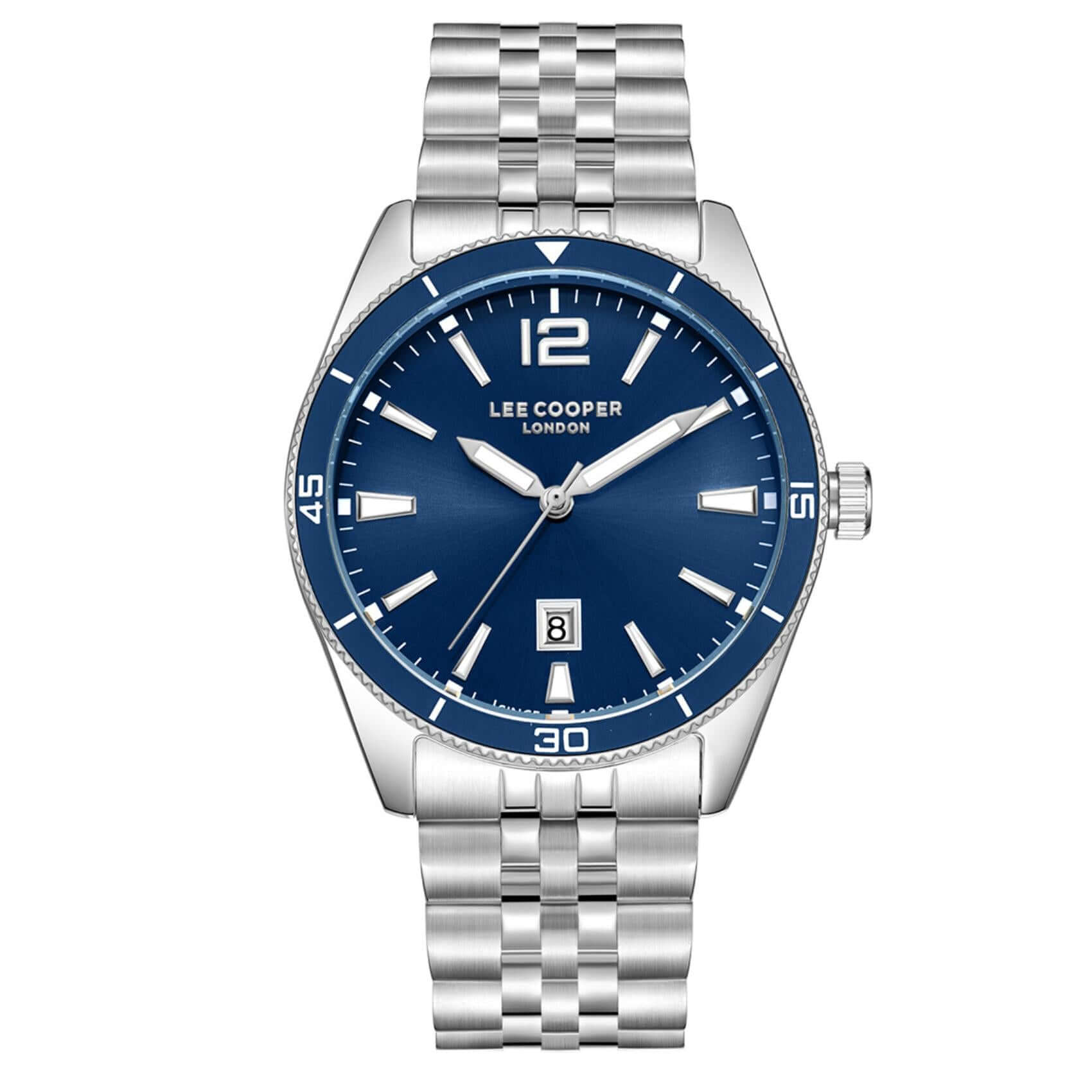 Ανδρικό ρολόι Lee Cooper Gents LC08281.390 με ασημί ατσάλινο μπρασελέ, μπλε καντράν και κάσα 42 mm.