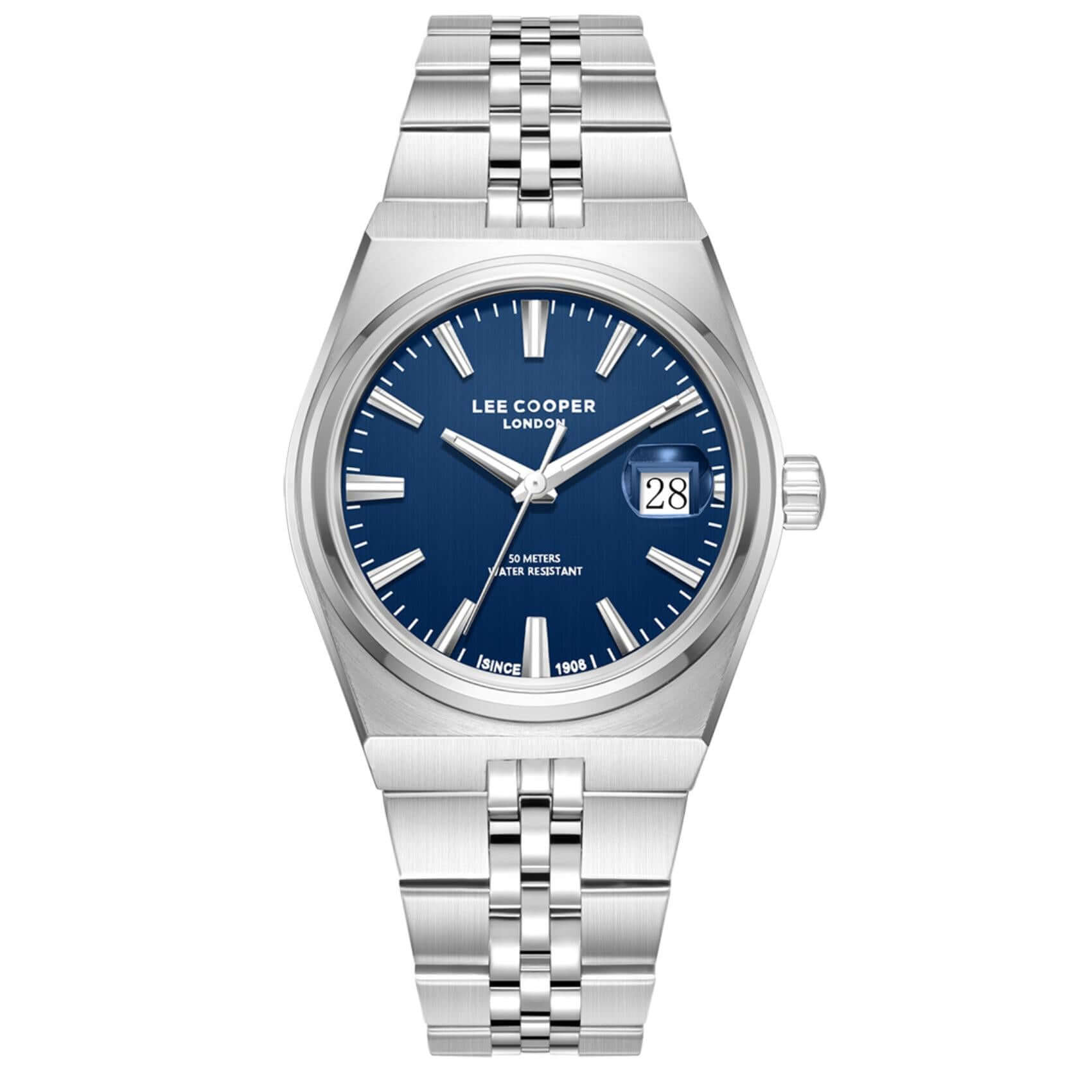 Ανδρικό ρολόι Lee Cooper Gents LC08397.390 με ασημί ατσάλινο μπρασελέ, μπλε καντράν και κάσα 39 mm.