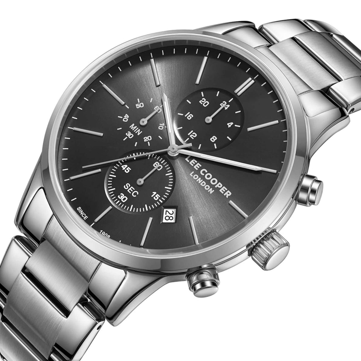 Καντράν από ανδρικό ρολόι Lee Cooper Gents Multi LC08042.350 σε μαύρο χρώμα με ασημί λεπτομέρειες, ένδειξη ημερομηνίας και διπλής ώρας και κάσα 43.5 mm.