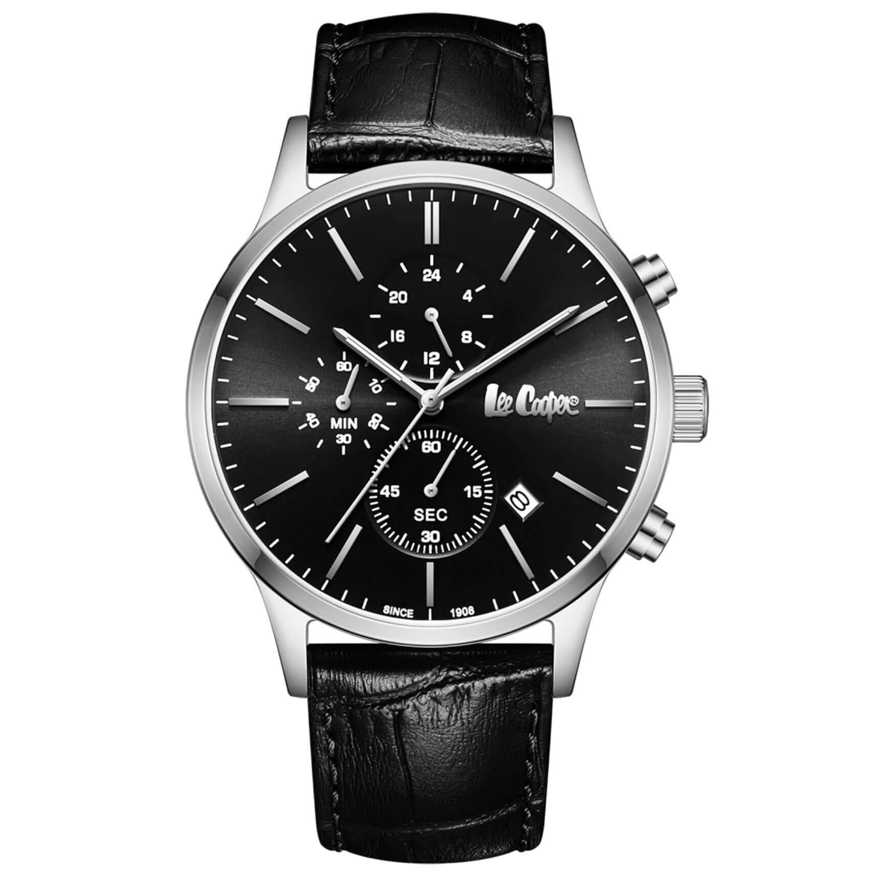 Ανδρικό ρολόι Lee Cooper Gents Multi LC08154.351 με μαύρο δερμάτινο λουράκι, μαύρο καντράν και κάσα 44 mm.