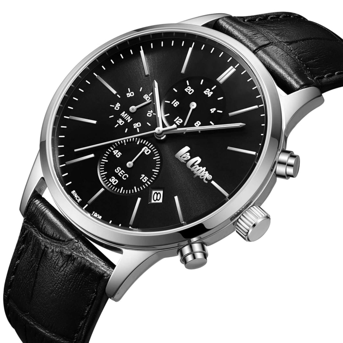 Καντράν από ανδρικό ρολόι Lee Cooper Gents Multi LC08154.351 σε μαύρο χρώμα με ασημί λεπτομέρειες, ένδειξη ημερομηνίας και διπλής ώρας και κάσα 44 mm.