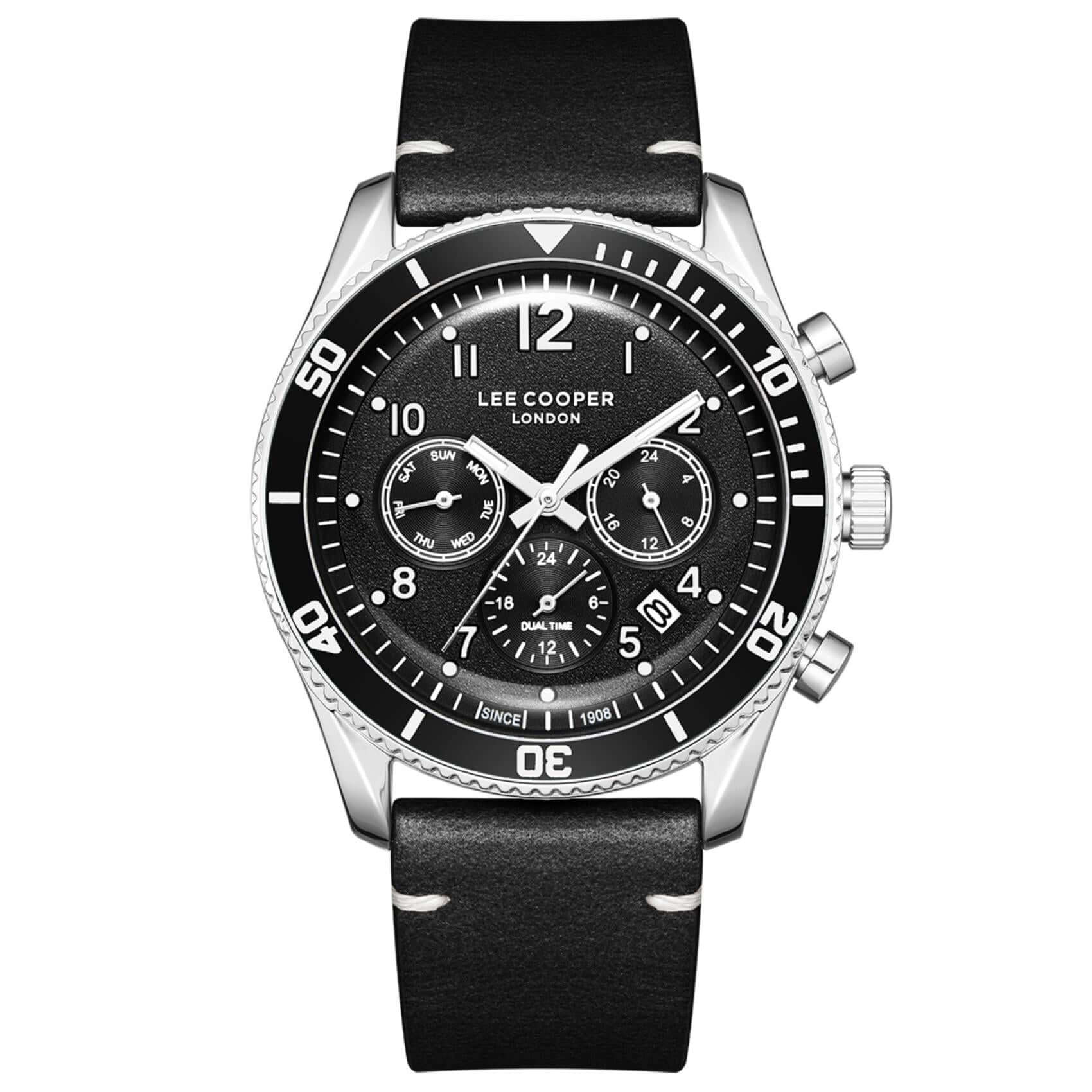 Ανδρικό ρολόι Lee Cooper Gents Multi LC08260.351 με μαύρο δερμάτινο λουράκι, μαύρο καντράν και κάσα 42 mm.