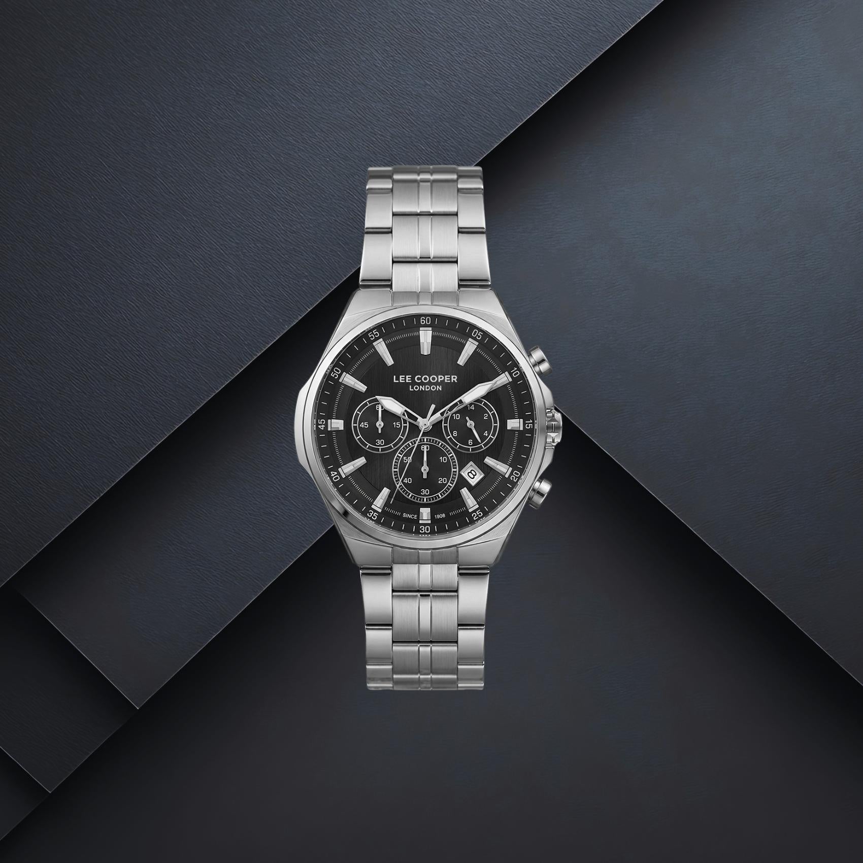 Ανδρικό ρολόι Lee Cooper Gents Multi LC08273.350 με ασημί μπρασελέ, μαύρο καντράν 41mm, ένδειξη ημερομηνίας