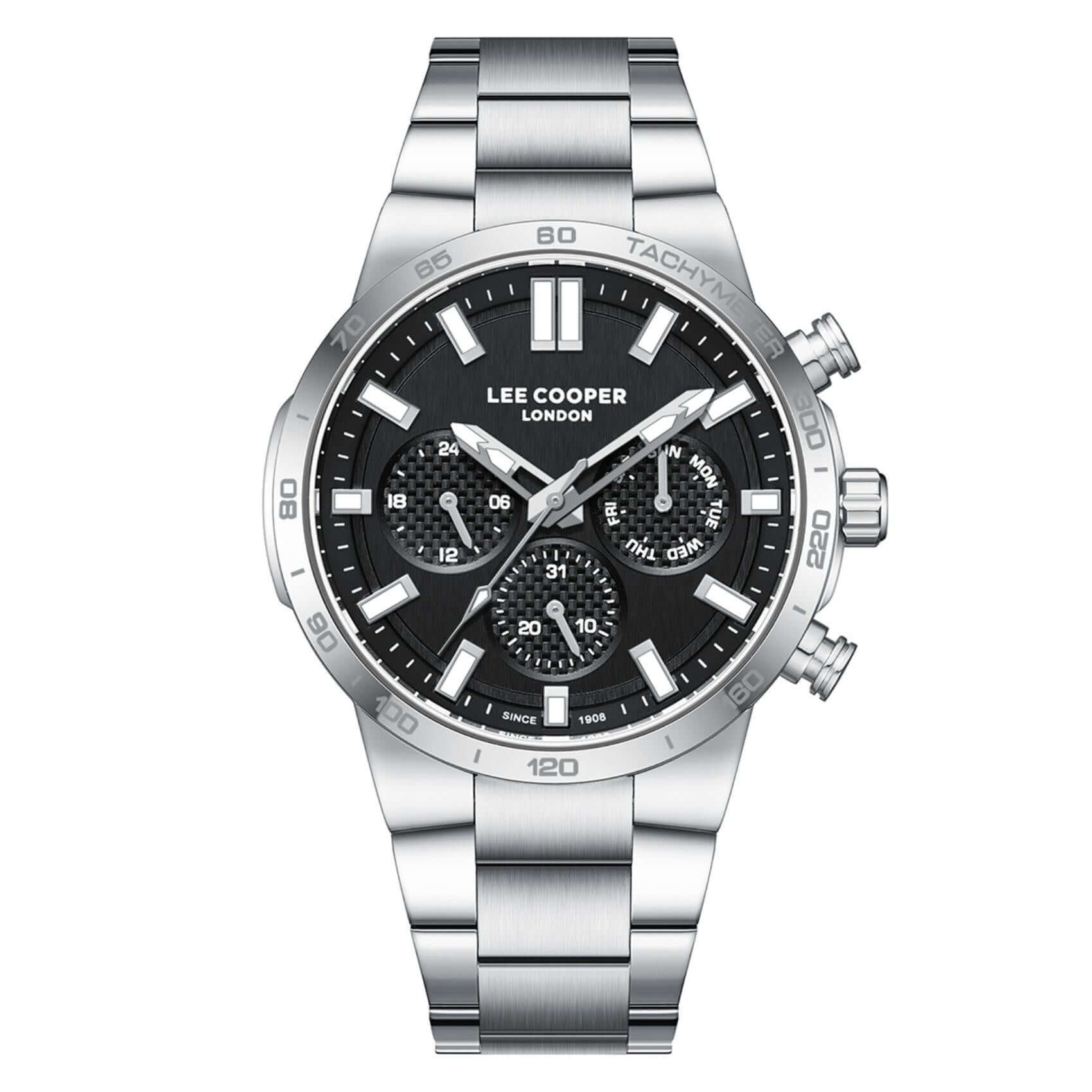 Ανδρικό ρολόι Lee Cooper Gents Multi LC08293.350 με ασημί ατσάλινο μπρασελέ, μαύρο καντράν και κάσα 43 mm.