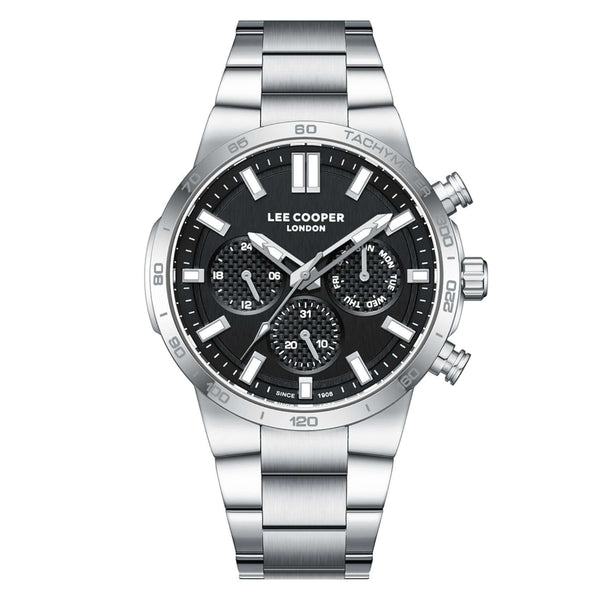 Ανδρικό ρολόι Lee Cooper Gents Multi LC08293.350 με ασημί ατσάλινο μπρασελέ, μαύρο καντράν και κάσα 43 mm.