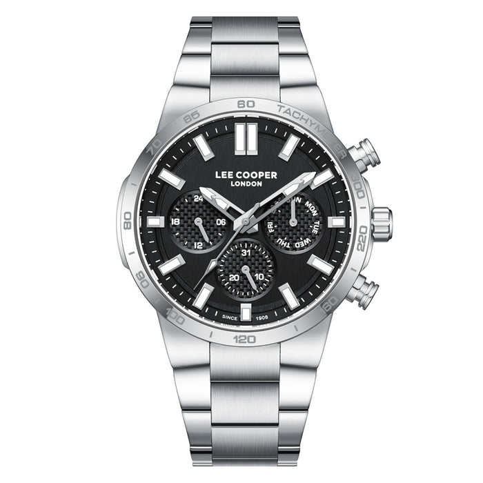 Ανδρικό ρολόι Lee Cooper Gents Multi LC08293.350 με ασημί ατσάλινο μπρασελέ, μαύρο καντράν και κάσα 43 mm.