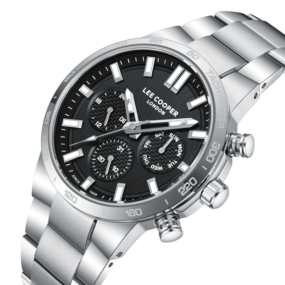 Καντράν από ανδρικό ρολόι Lee Cooper Gents Multi LC08293.350 σε μαύρο χρώμα με ασημί λεπτομέρειες, ένδειξη ημέρας, ημερομηνίας και διπλής ώρας και κάσα 43 mm.