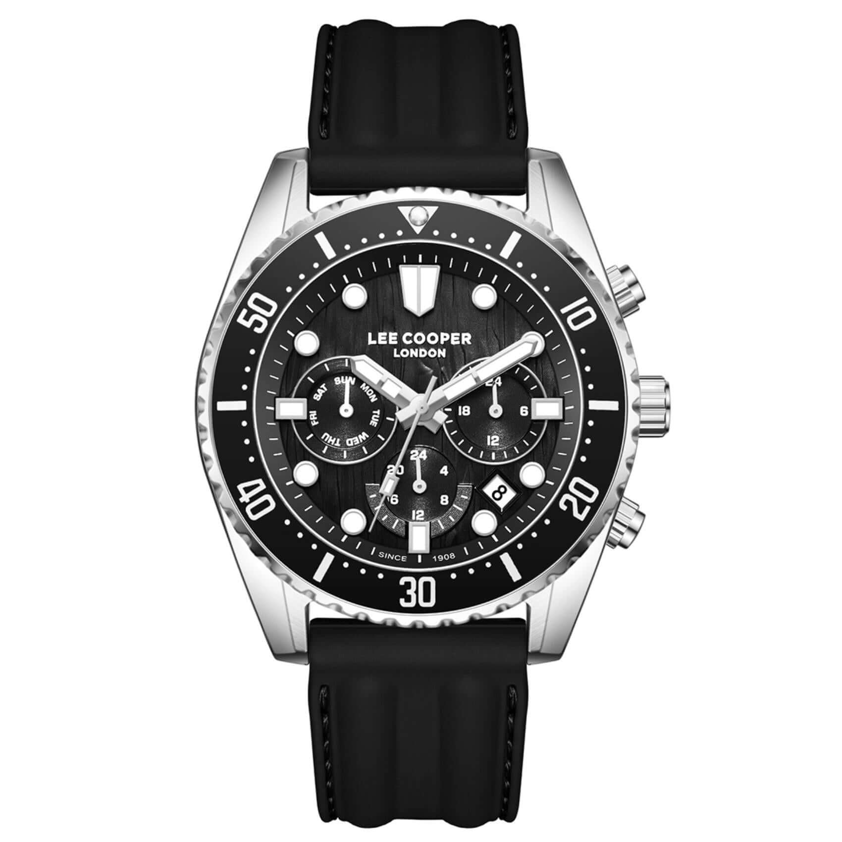 Ανδρικό ρολόι Lee Cooper Gents Multi LC08335.351 με μαύρο λουράκι σιλικόνης, μαύρο καντράν και κάσα 44 mm.