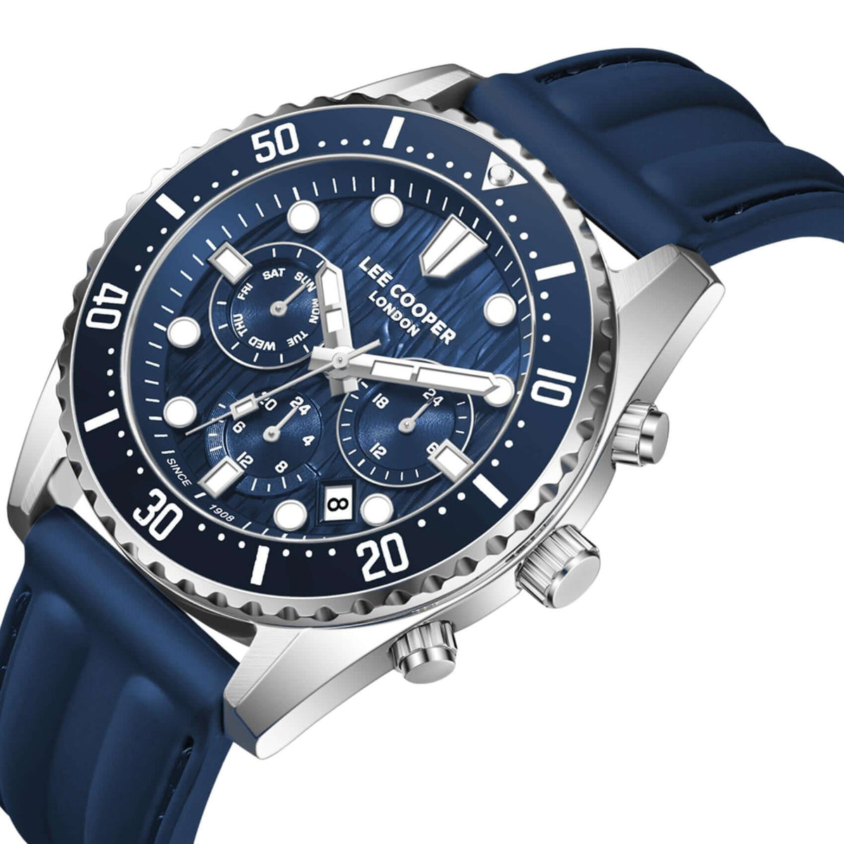 Μπλε καντράν 44mm του ανδρικού ρολογιού Lee Cooper Gents Multi LC08335.399 με ασημί δείκτες και πολλαπλές ενδείξεις.
