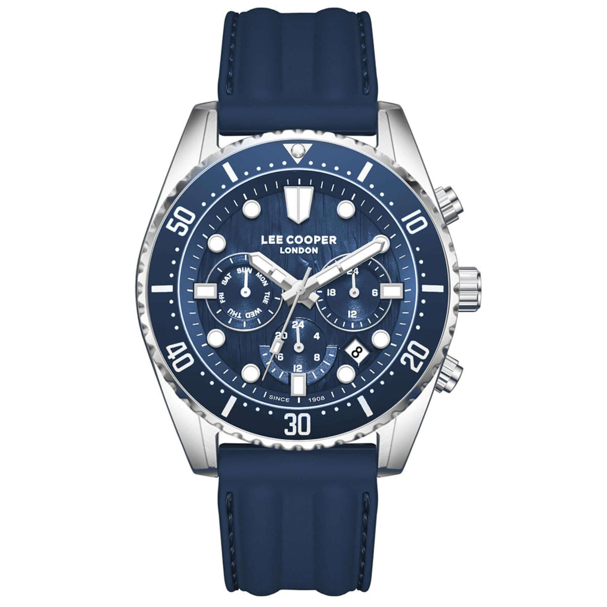 Ανδρικό ρολόι Lee Cooper Gents Multi LC08335.399 με μπλε λουράκι σιλικόνης και μπλε καντράν 44mm με ασημί δείκτες.