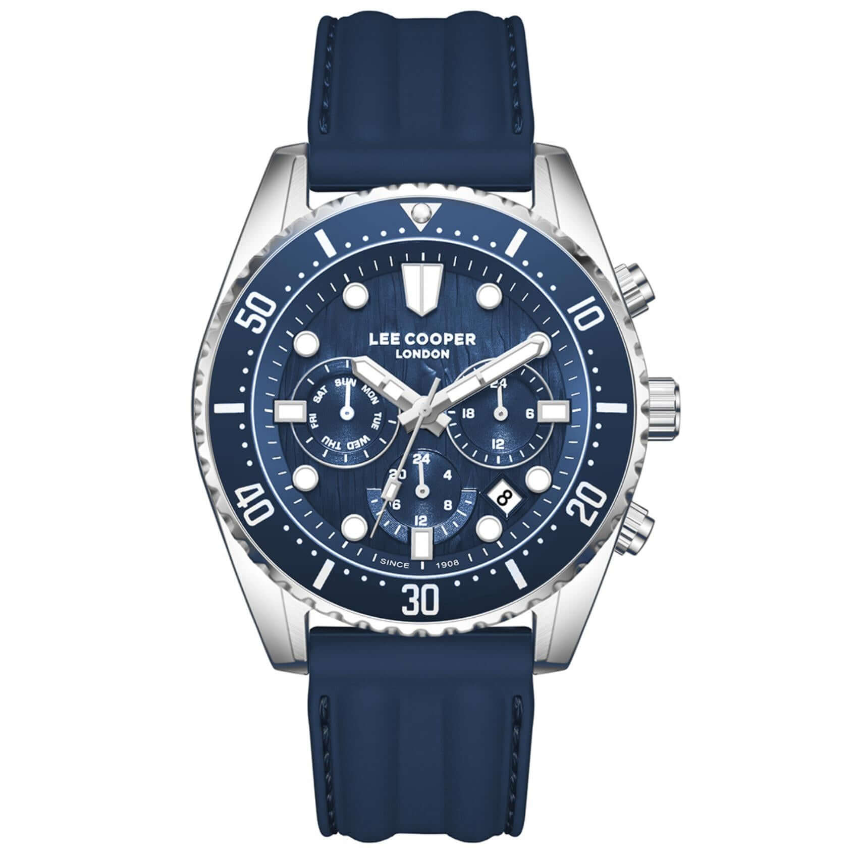 Ανδρικό ρολόι Lee Cooper Gents Multi LC08335.399 με μπλε λουράκι σιλικόνης και μπλε καντράν 44mm με ασημί δείκτες.