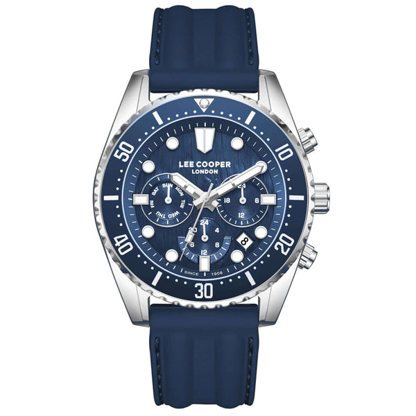 Ανδρικό ρολόι Lee Cooper Gents Multi LC08335.399 με μπλε λουράκι σιλικόνης και μπλε καντράν 44mm με ασημί δείκτες.