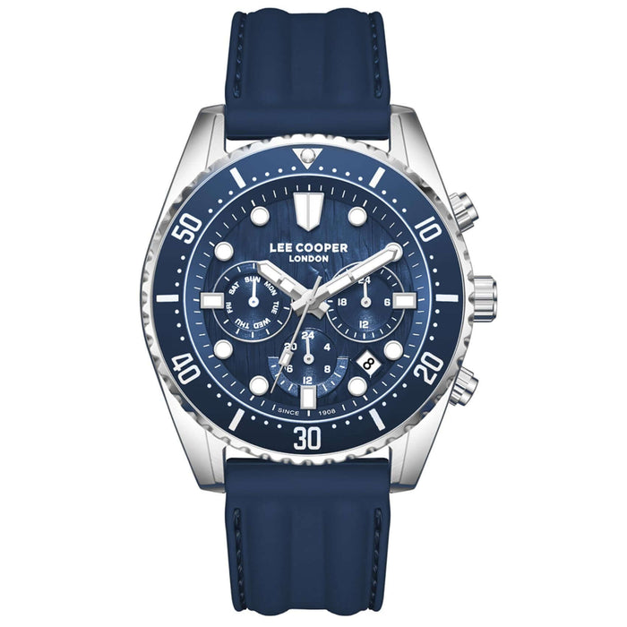 Ανδρικό ρολόι Lee Cooper Gents Multi LC08335.399 με μπλε λουράκι σιλικόνης και μπλε καντράν 44mm με ασημί δείκτες.