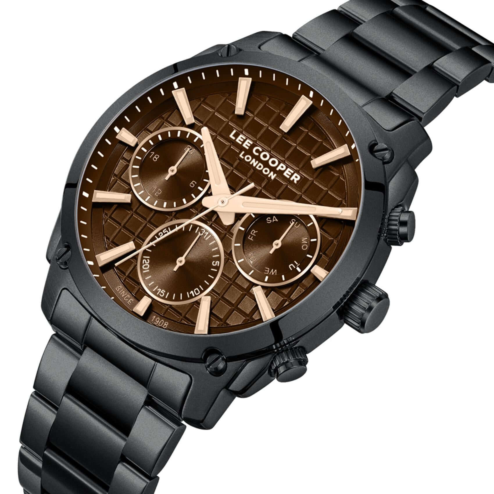 Καντράν από ανδρικό ρολόι Lee Cooper Gents Multi LC08348.650 σε καφέ χρώμα με καφέ δείκτες, ένδειξη ημέρας, ημερομηνίας και διπλής ώρας και κάσα 42 mm.