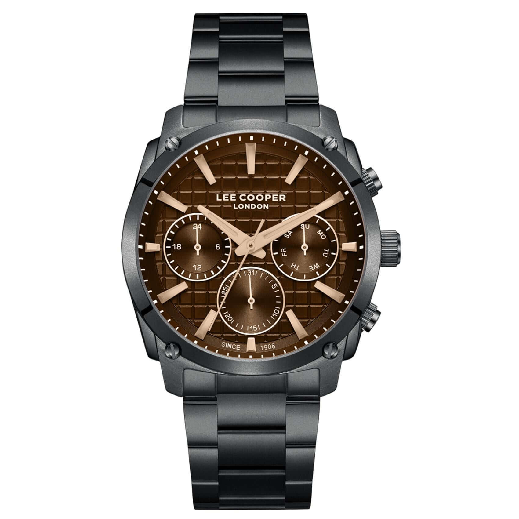 Ανδρικό ρολόι Lee Cooper Gents Multi LC08348.650 με μαύρο ατσάλινο μπρασελέ, καφέ καντράν και κάσα 42 mm.
