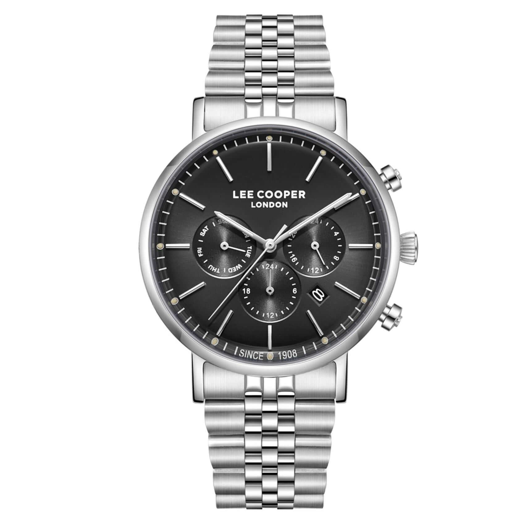 Ανδρικό ρολόι Lee Cooper Gents Multi LC08372.350 με ασημί ατσάλινο μπρασελέ, μαύρο καντράν και κάσα 42 mm.