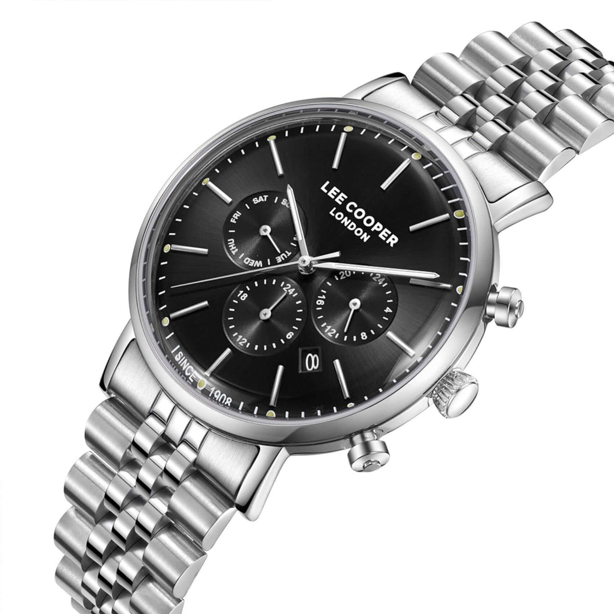 Καντράν από ανδρικό ρολόι Lee Cooper Gents Multi LC08372.350 σε μαύρο χρώμα με ασημί λεπτομέρειες, ένδειξη ημέρας, ημερομηνίας και διπλής ώρας και κάσα 42 mm.