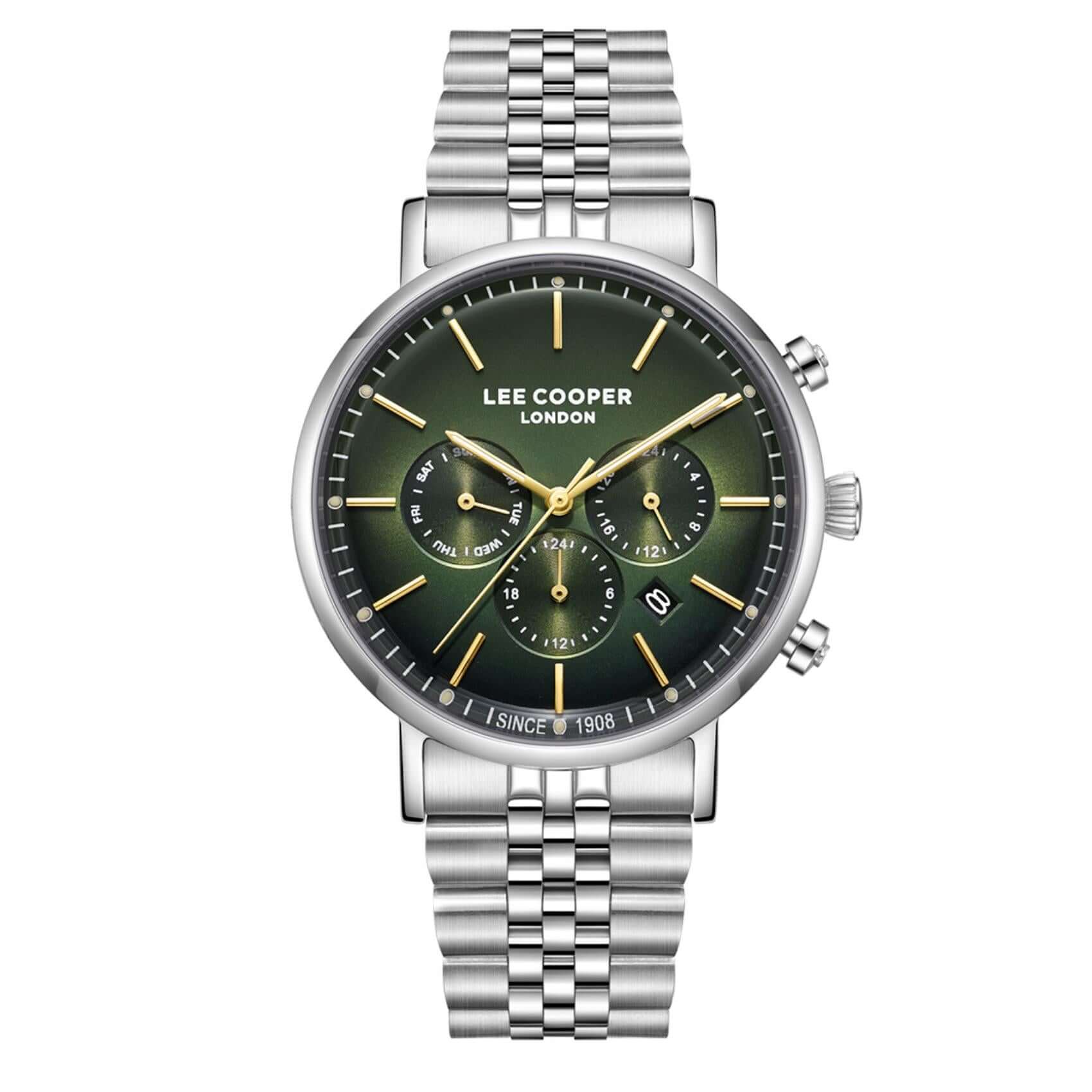 Ανδρικό ρολόι Lee Cooper Gents Multi LC08372.370 με ασημί ατσάλινο μπρασελέ, πράσινο καντράν και κάσα 42 mm.