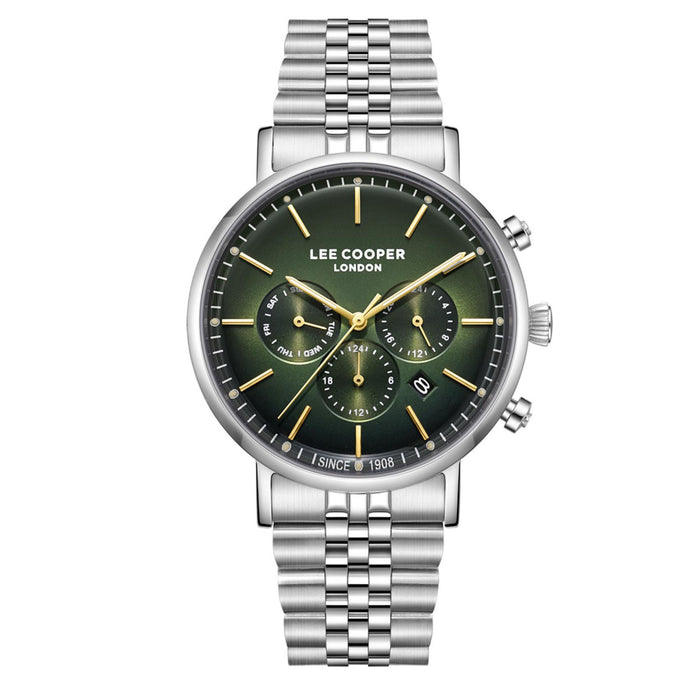 Ανδρικό ρολόι Lee Cooper Gents Multi LC08372.370 με ασημί ατσάλινο μπρασελέ, πράσινο καντράν και κάσα 42 mm.
