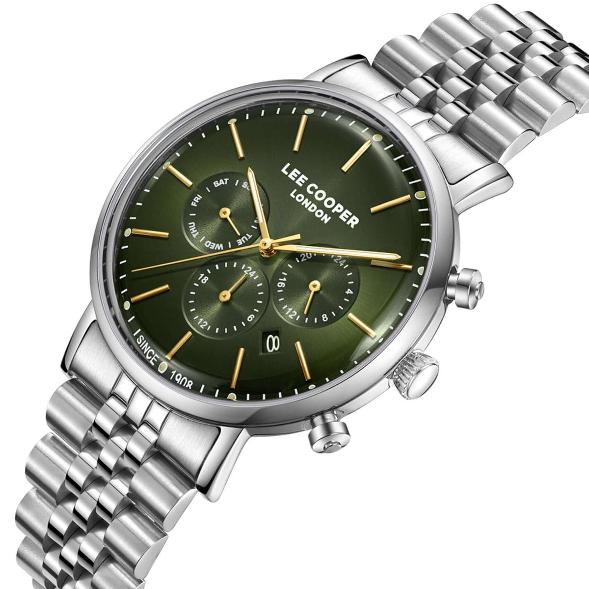 Καντράν από ανδρικό ρολόι Lee Cooper Gents Multi LC08372.370 σε πράσινο χρώμα με χρυσούς δείκτες, ένδειξη ημέρας, ημερομηνίας και διπλής ώρας και κάσα 42 mm.