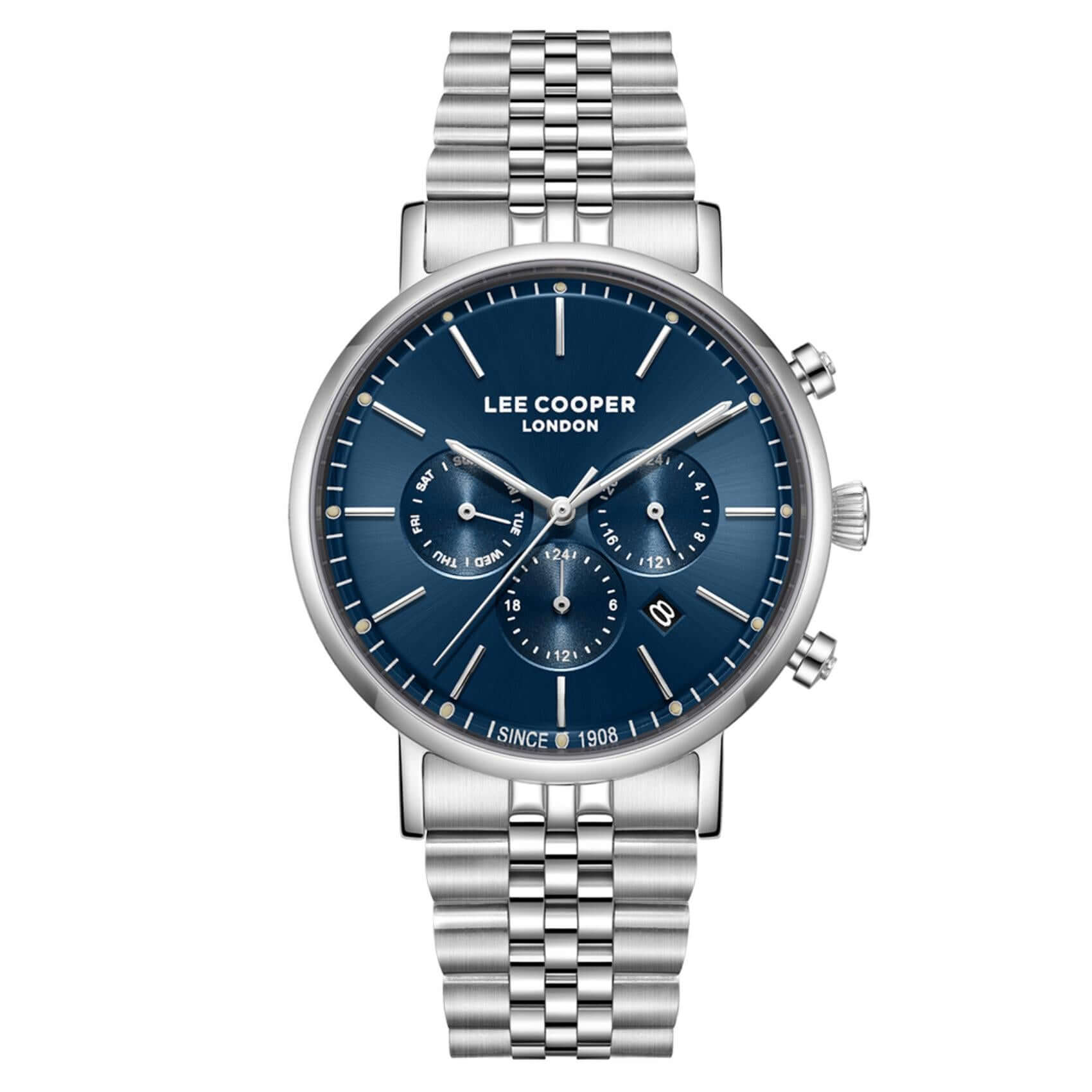 Ανδρικό ρολόι Lee Cooper Gents Multi LC08372.390 με ασημί ατσάλινο μπρασελέ, μπλε καντράν και κάσα 42 mm.