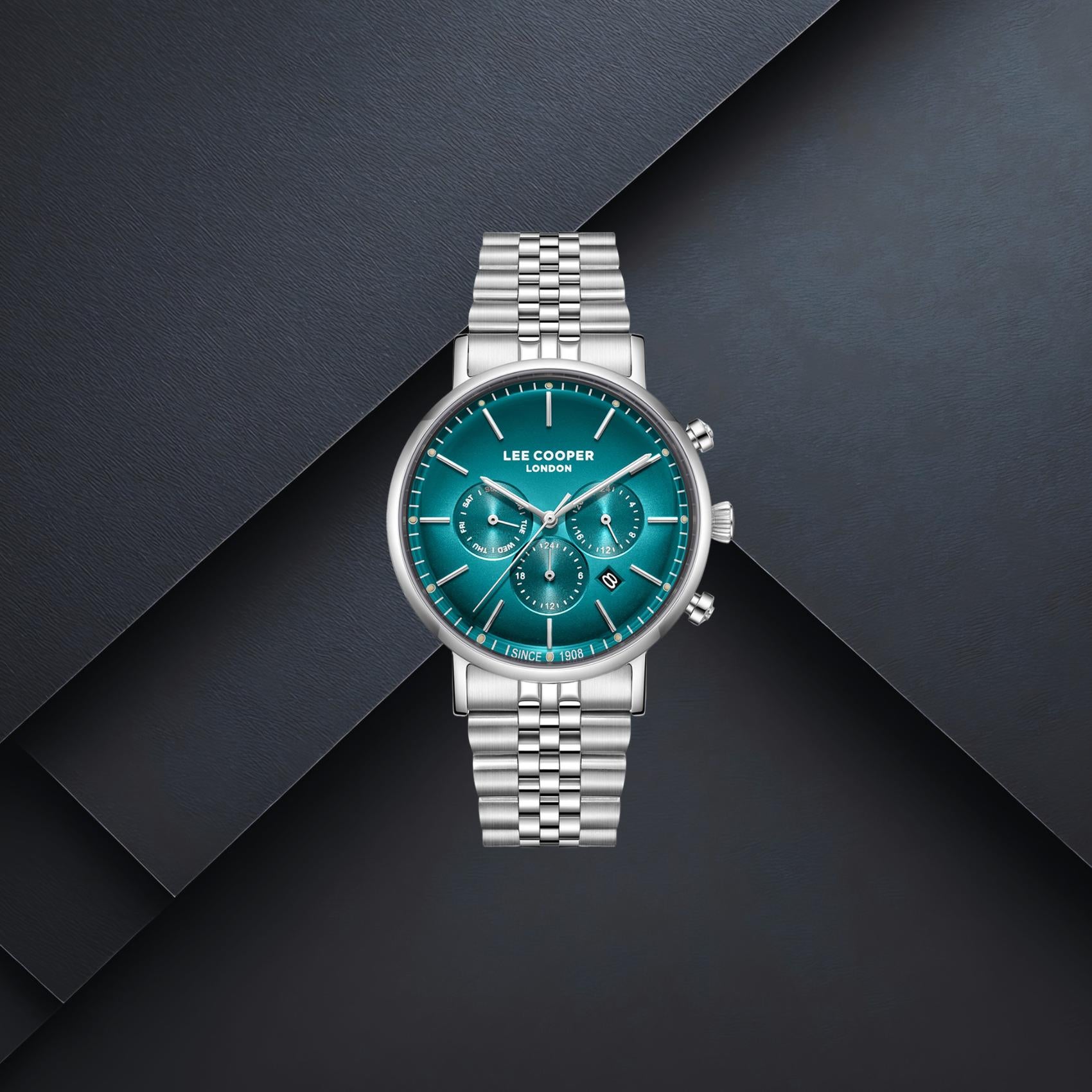 Ανδρικό ρολόι Lee Cooper Gents Multi LC08372.391 με ασημί μπρασελέ, τιρκουάζ καντράν 42mm, ένδειξη ημερομηνίας