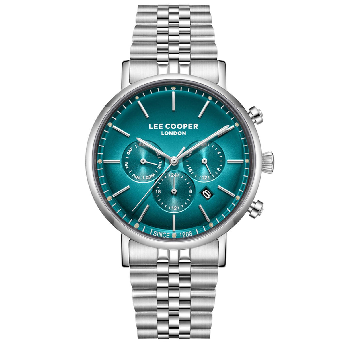 Ανδρικό ρολόι Lee Cooper Gents Multi LC08372.391 με ασημί μπρασελέ και τιρκουάζ καντράν