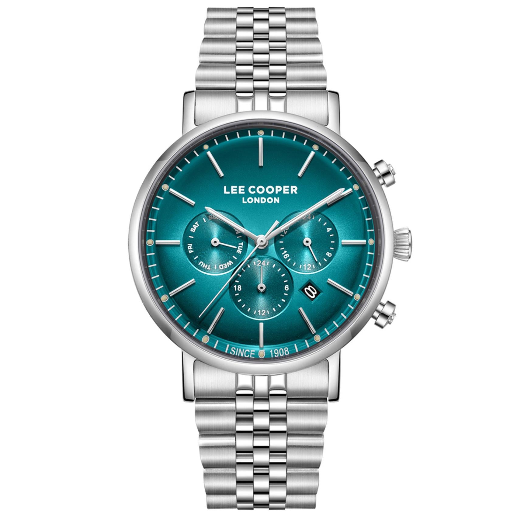 Ανδρικό ρολόι Lee Cooper Gents Multi LC08372.391 με ασημί μπρασελέ και τιρκουάζ καντράν