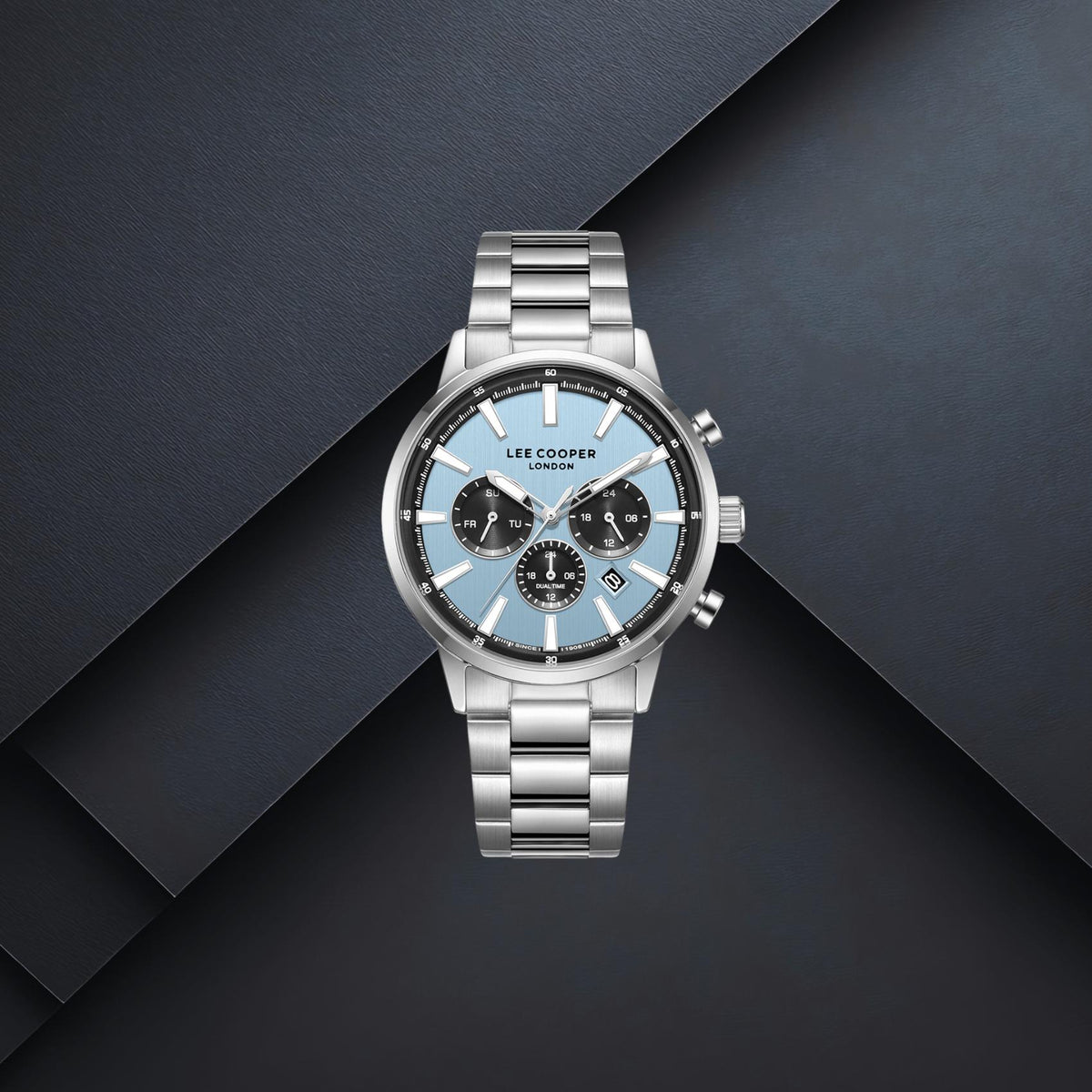 Ανδρικό ρολόι Lee Cooper Gents Multi LC08382.300 με ασημί μπρασελέ, γαλάζιο καντράν 42mm, ένδειξη ημερομηνίας