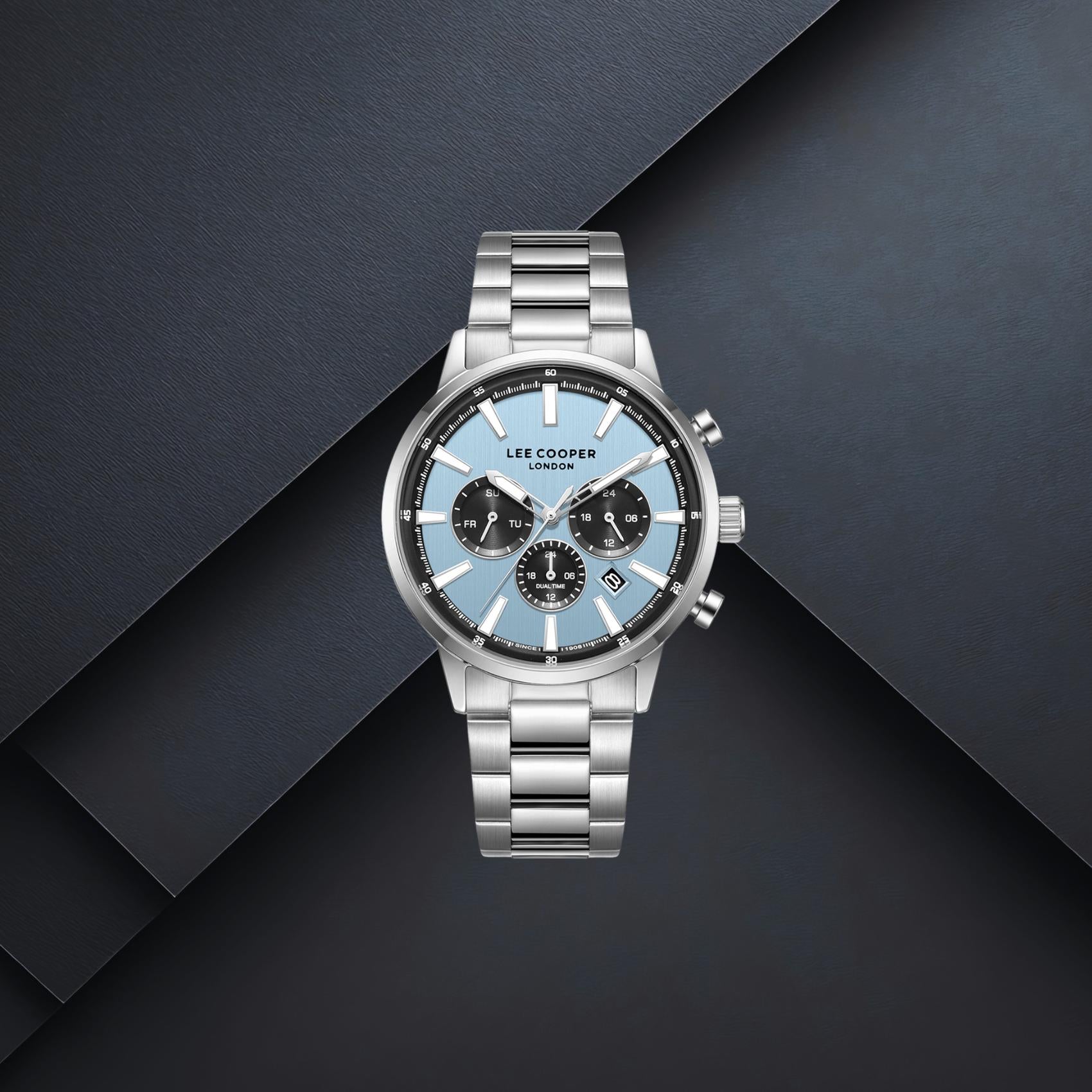 Ανδρικό ρολόι Lee Cooper Gents Multi LC08382.300 με ασημί μπρασελέ, γαλάζιο καντράν 42mm, ένδειξη ημερομηνίας